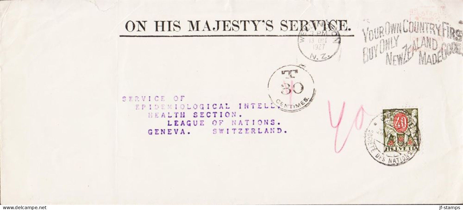 1927. New Zealand.  Very Interesting ON HIS MAKESTY'S SERVICE  Envelope (folds, Tears) To SERVICE OF EPIDE... - JF545414 - Lettres & Documents