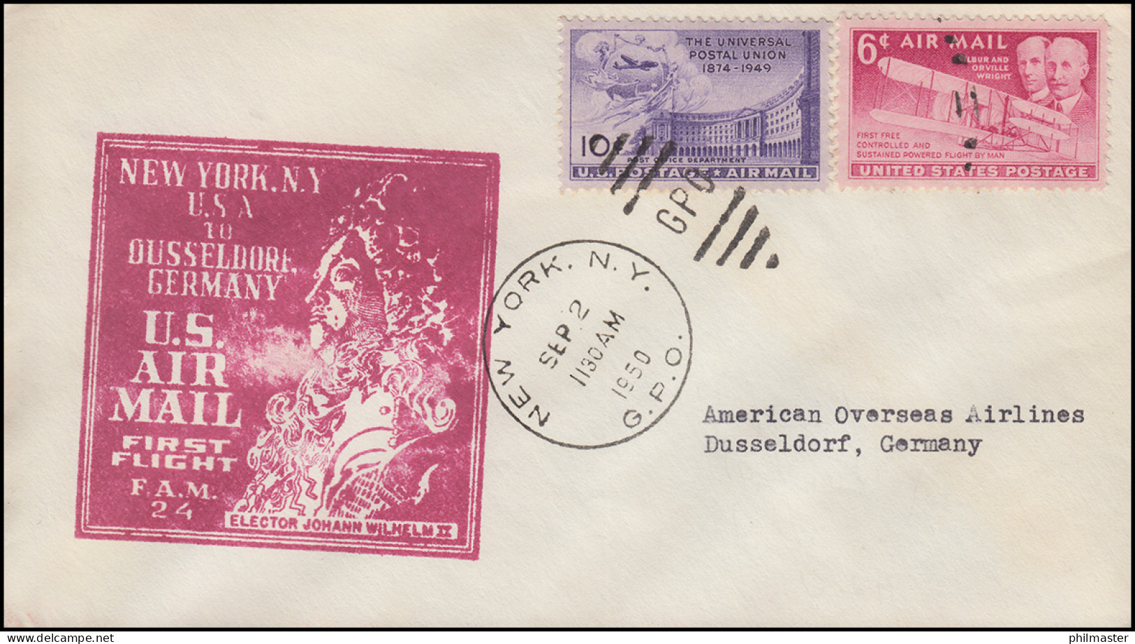 Erstflug FIRST FLIGHT F.A.M. 24 Ab New York 2.9.1950 Nach Düsseldorf 3.9. - Autres & Non Classés