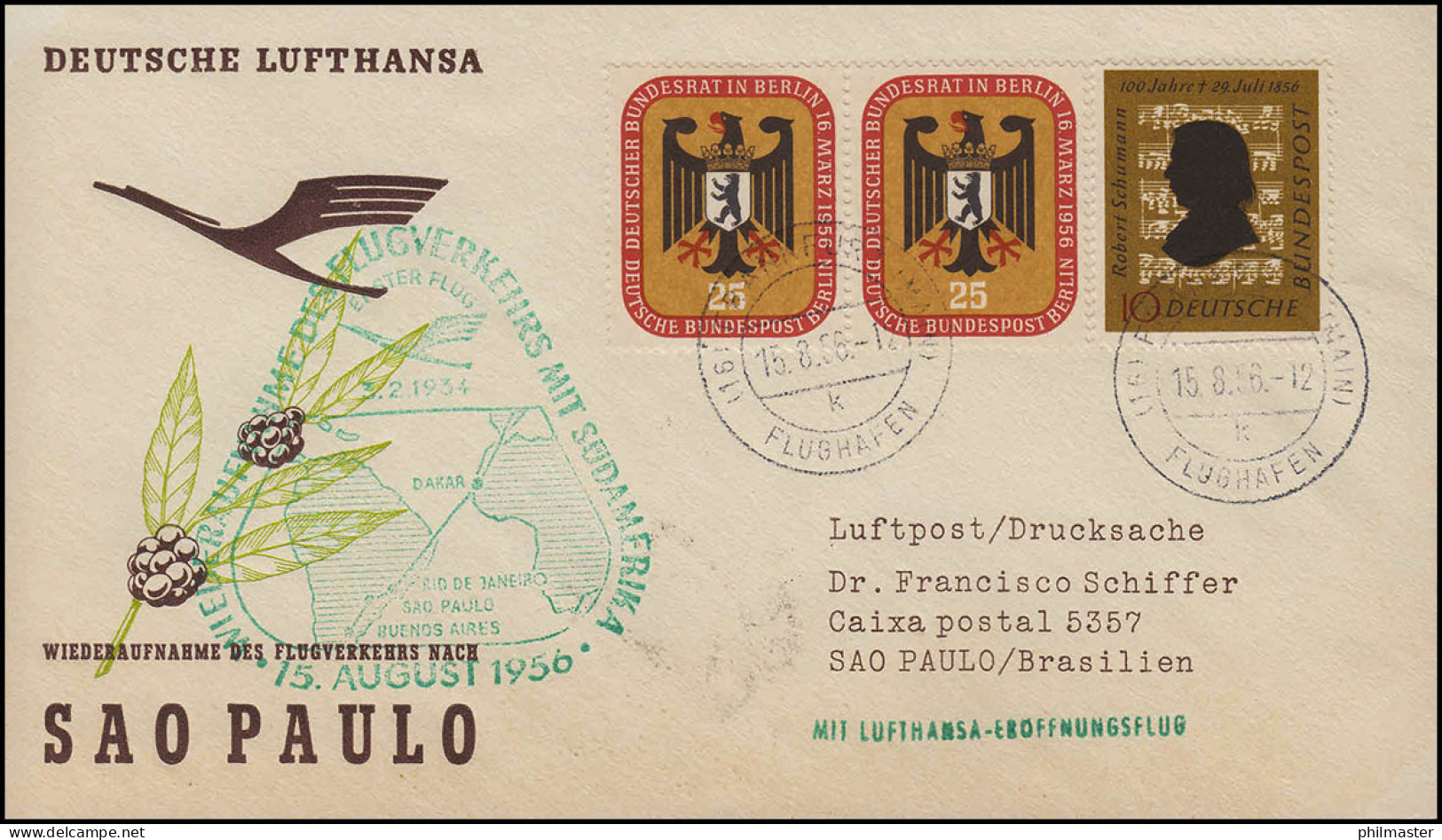 Luftpost Lufthansa Eröffnungsflug Frankfurt Main/ Sao Paulo 15. + 17.8.1956 - First Flight Covers