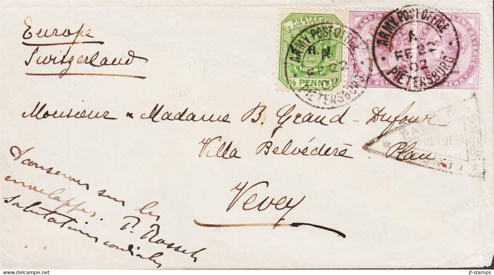 1902. Transvaal. Very Fine And Interesting Small Censored Envelope To Vevey, Europe, Switzerland With Coat... - JF545415 - Transvaal (1870-1909)