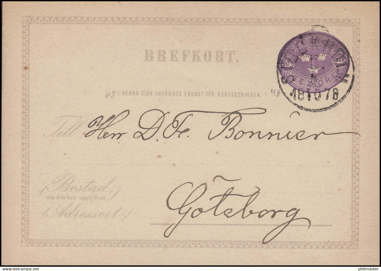 Postkarte P 1C I BREFKORT 6 Öre, STOCKHOLM 5.10.1878 Nach Göteborg - Postwaardestukken