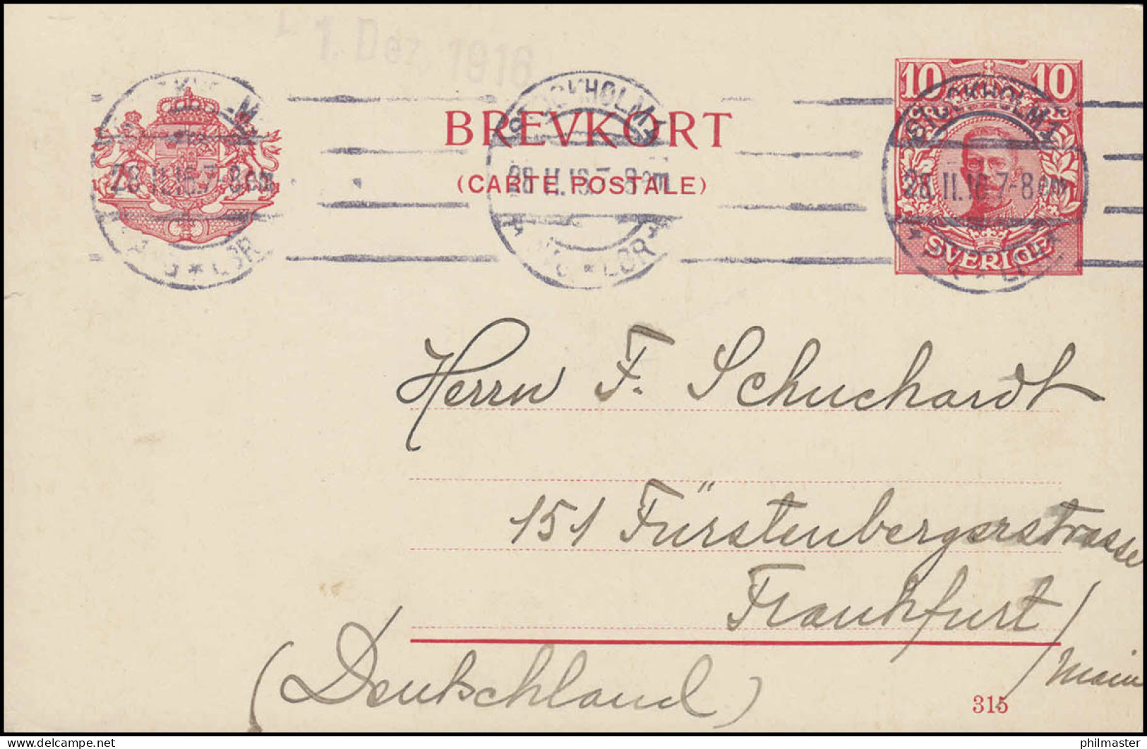 Postkarte P 30 BREFKORT König Gustav Mit DV 315, STOCKHOLM 29.11.1916 - Postal Stationery