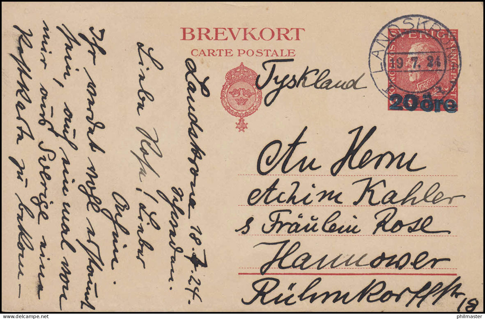 Postkarte P 47I König Gustav Maschinenaufdruck 20 / 25 Öre, LANDSKRONA 19.7.1924 - Entiers Postaux