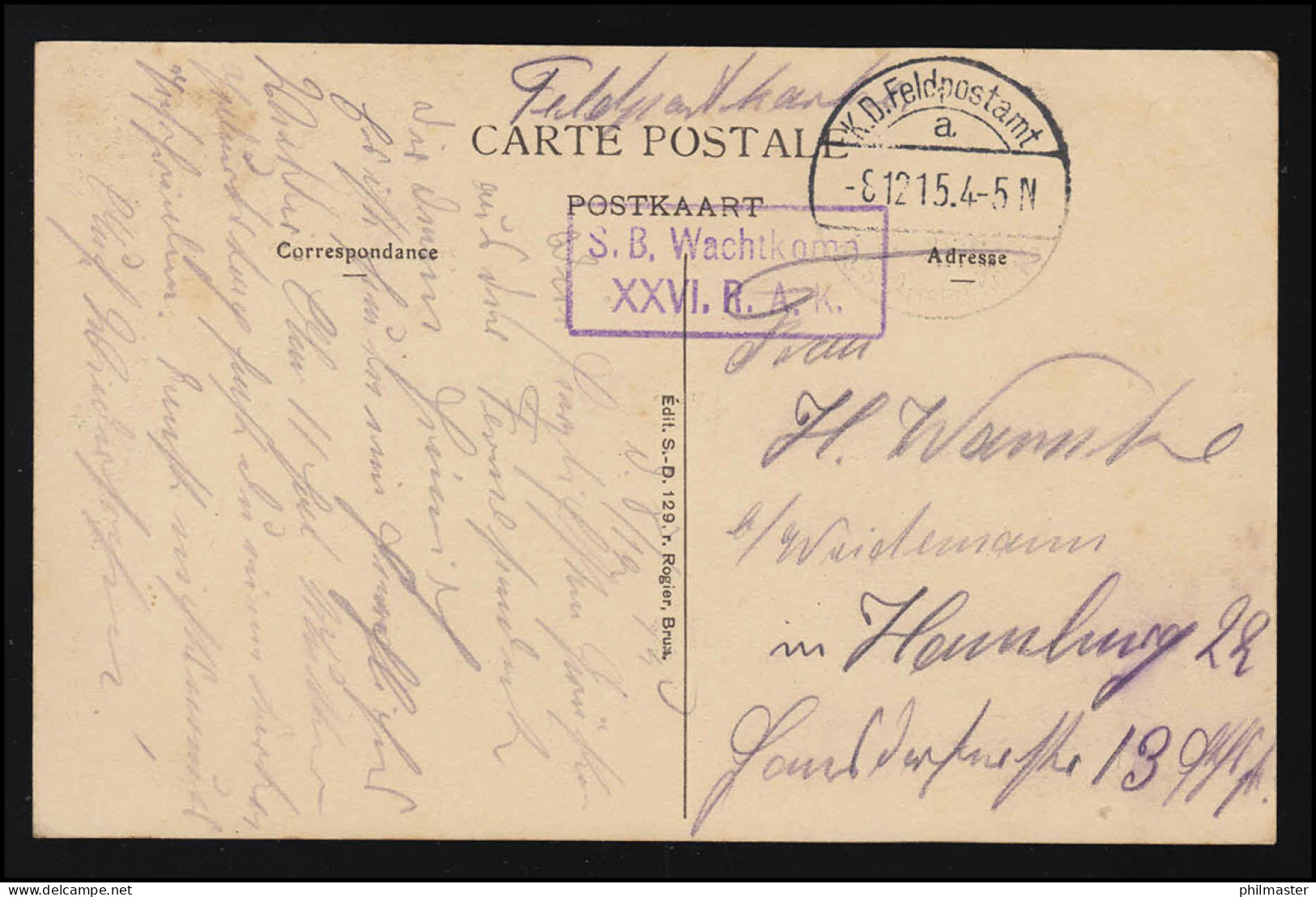 AK Kasteel De Wilde, ROESELARE, Feldpost  S.B. Wachkomp. XXVI R.A.K., 8.12.1915 - Autres & Non Classés