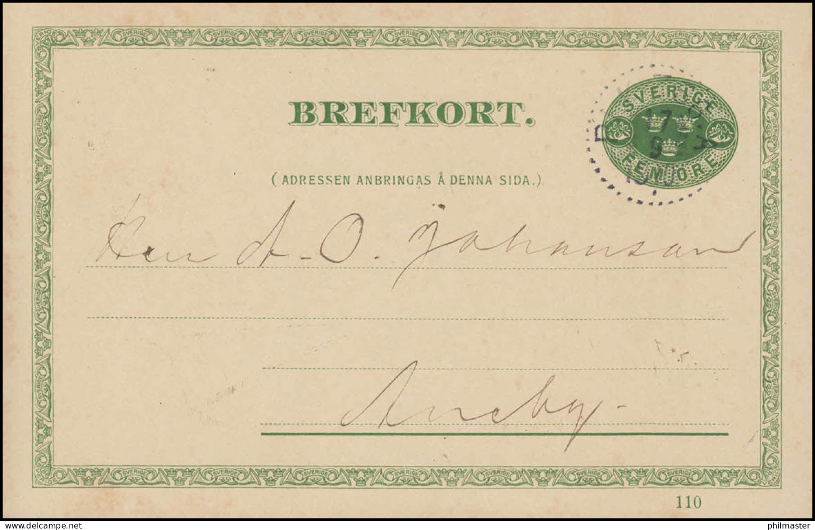 Postkarte P 24 BREFKORT 5 Öre Druckdatum 110, Aus Tranas 17.9.1910 Nach Aneby - Enteros Postales