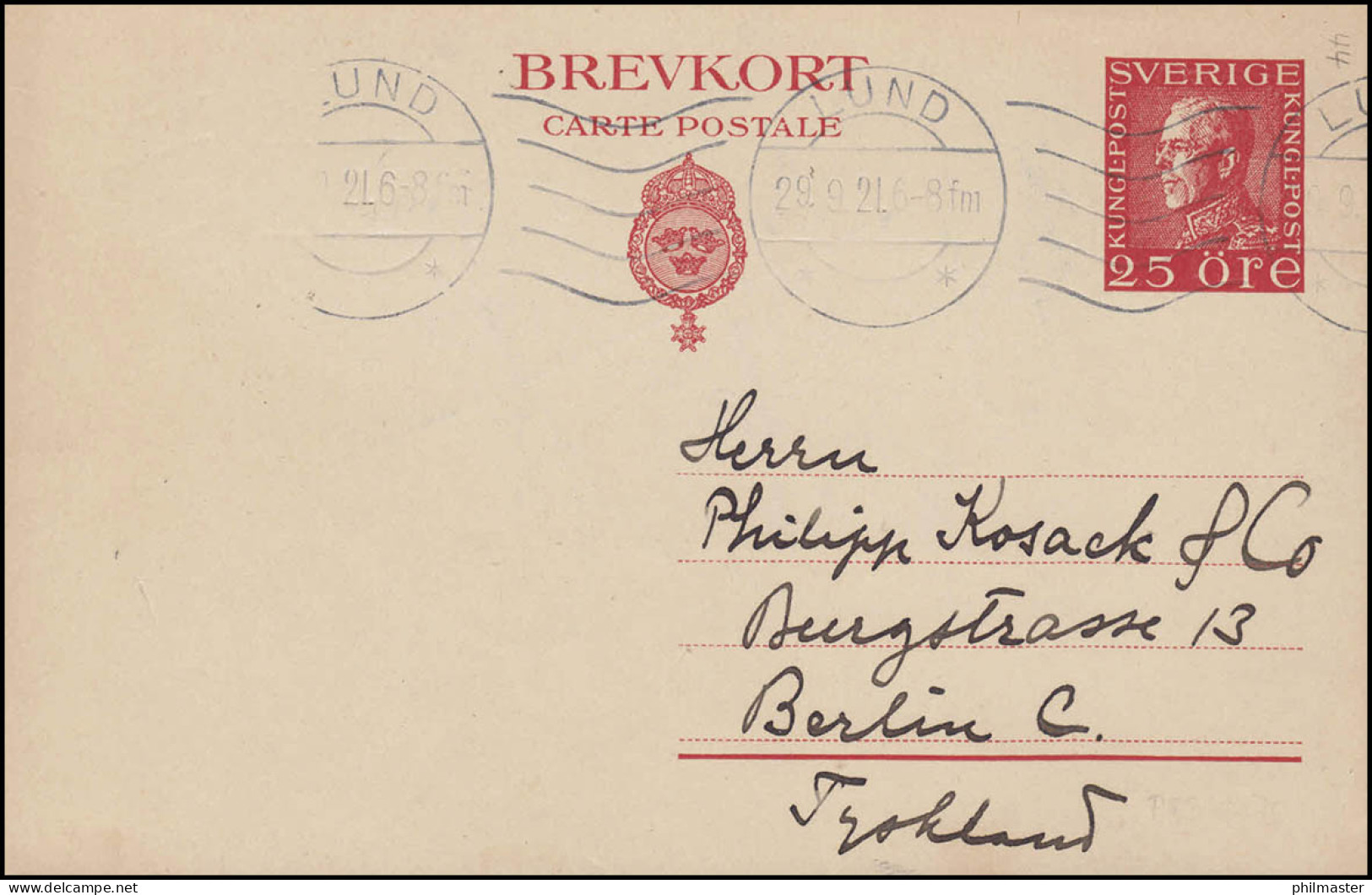 Postkarte P 42 Brevkort König Gustav 25 Öre, LUND 29.9.1921 Nach Berlin - Postwaardestukken