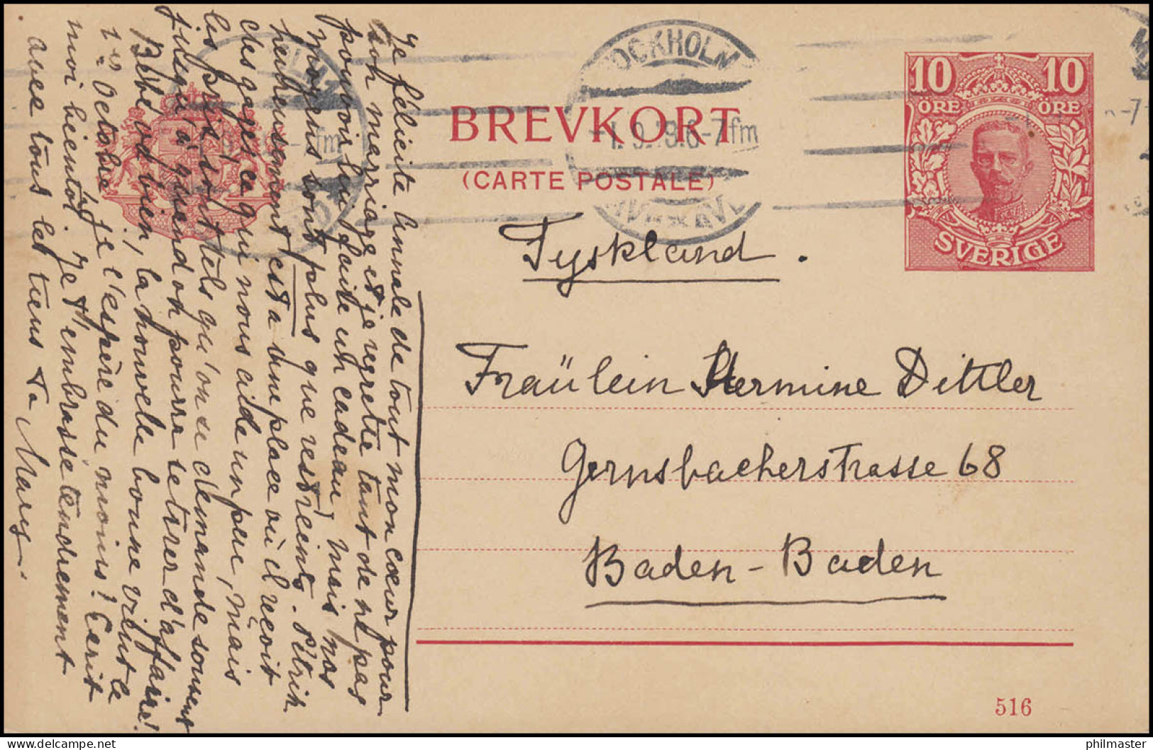 Postkarte P 34 BREVKORT König Gustav Druckdatum 516, STOCKHOLM 1.9.1919 - Postal Stationery