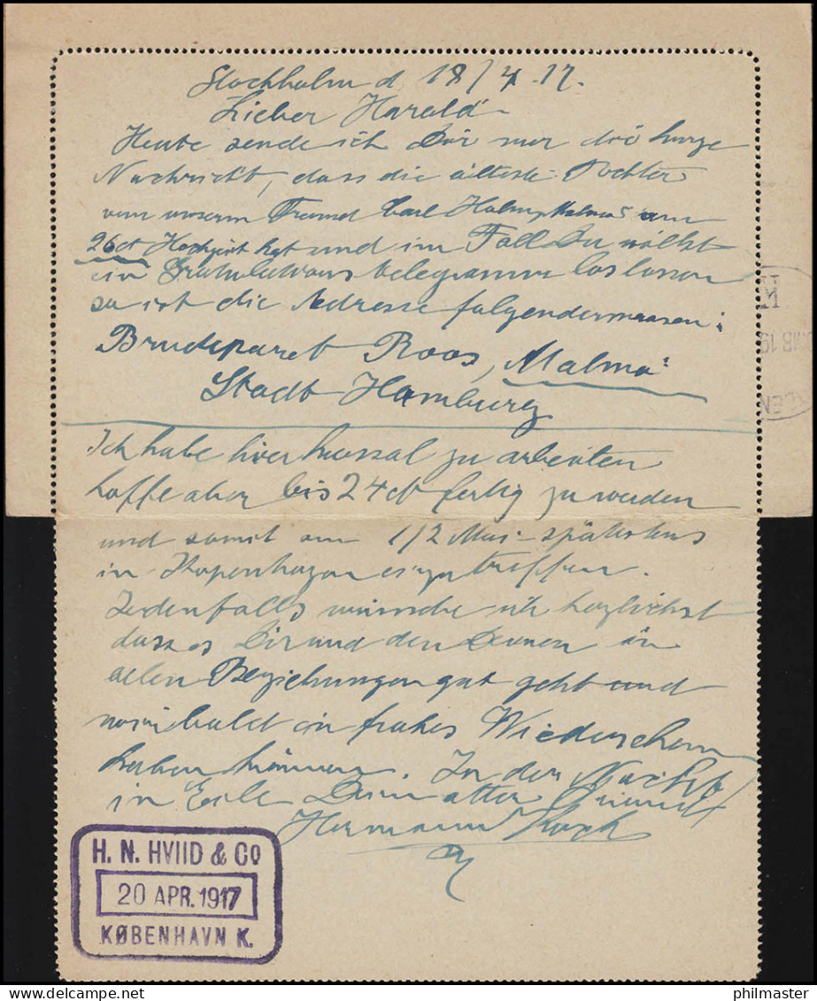 Kartenbrief K 13 KORTBREV 10 Öre Mit DV 1116, STOCKHOLM 18.4.1917 Nach Dänemark - Postal Stationery