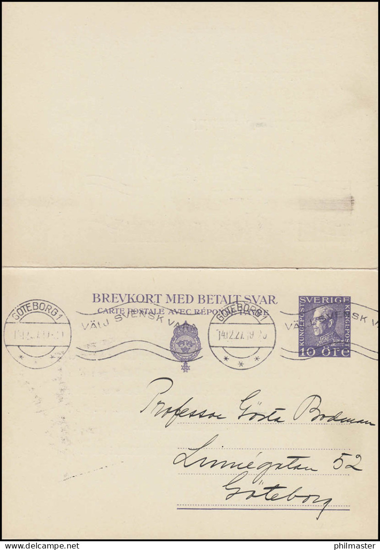 Postkarte P 52II Brevkort König Gustav 10/10 Öre, GÖTEBORG 14.12.1927 - Postal Stationery