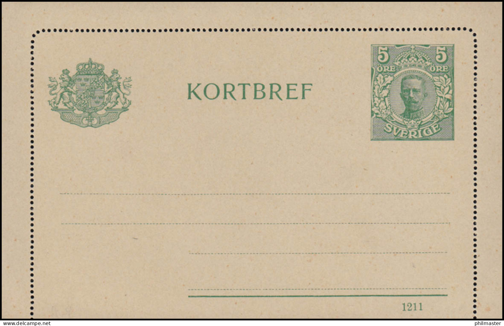 Schweden Kartenbrief K 9 KORTBREF König Gustav 5 Öre Druckdatum 1211, ** - Interi Postali