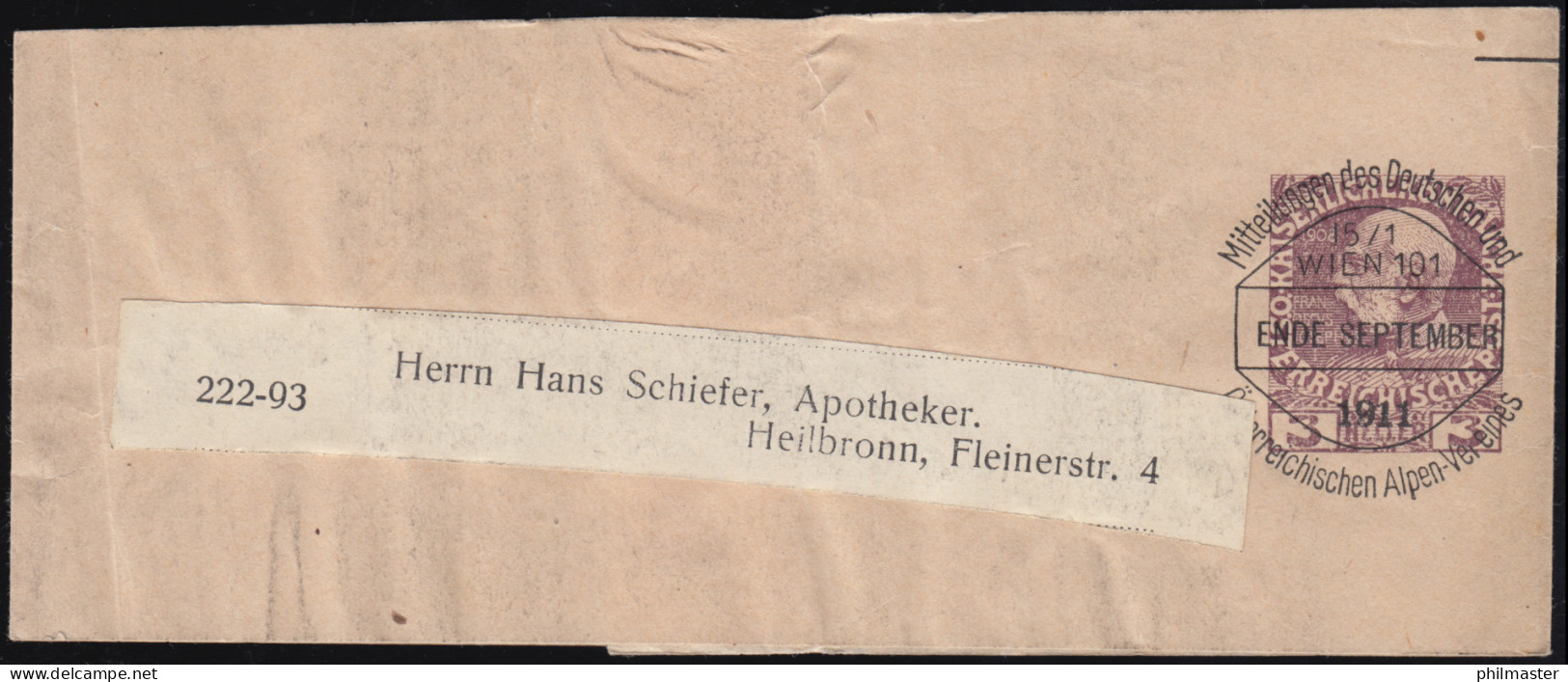 Österreich Streifband S 8 Vorausentwertung D.Ö.A.V. WIEN Ende September 1911 - Andere & Zonder Classificatie