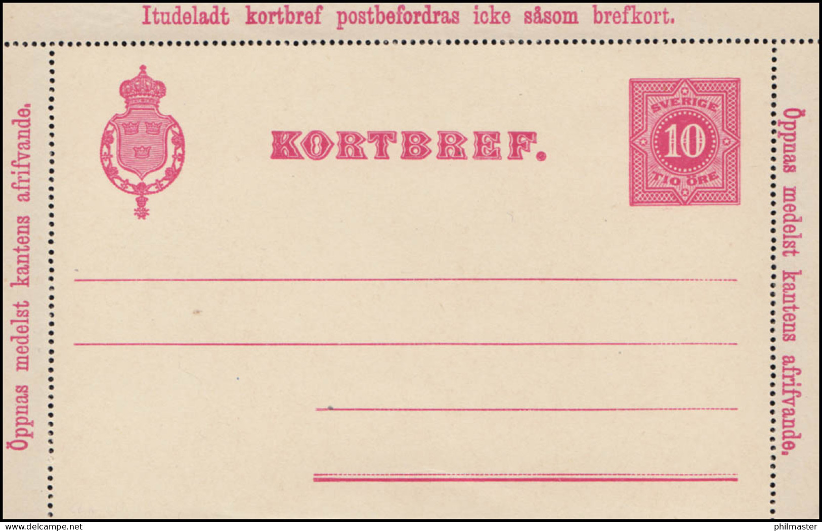 Schweden Kartenbrief K 4 KORTBREF Ziffer 10 Öre 1891, ** Postfrisch - Interi Postali