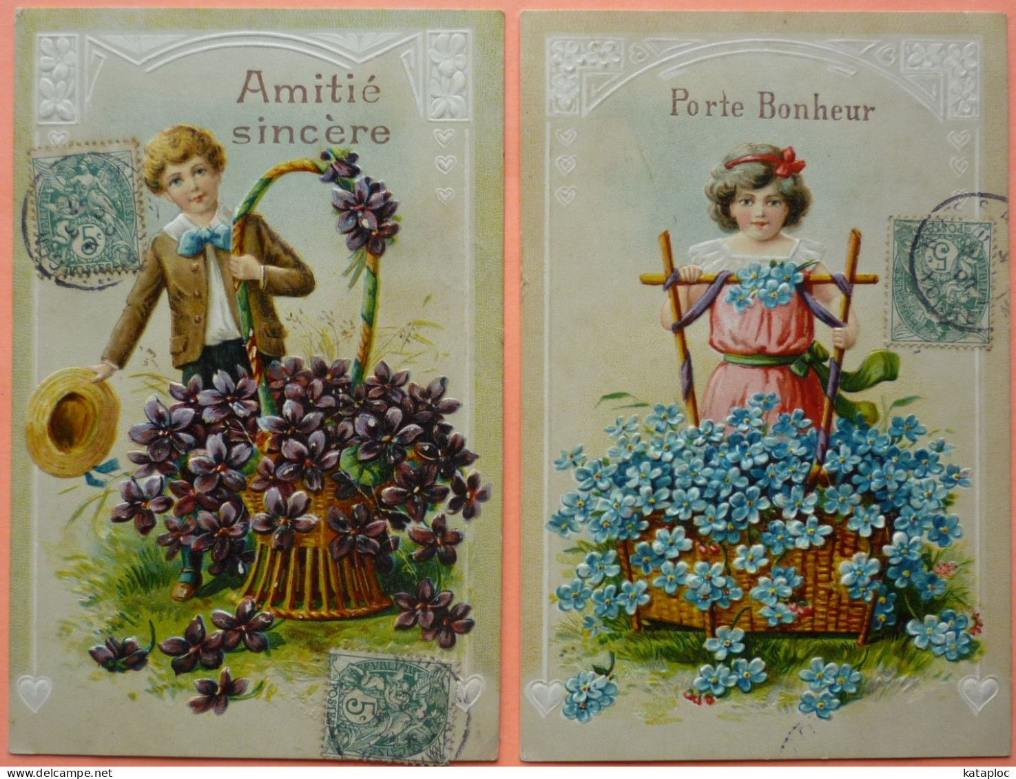 LOT DE 2 CARTES GAUFREES GARCON FILLE FLEURS - SCANS RECTO VERSO-16 - Sonstige & Ohne Zuordnung