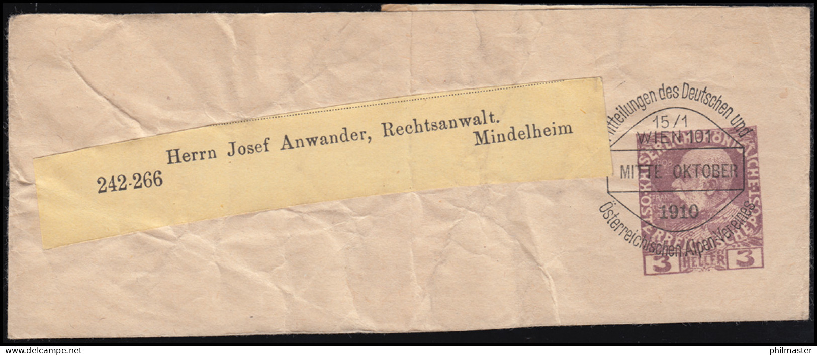 Österreich Streifband S 8 Vorausentwertung D.Ö.A.V. WIEN Mitte Oktober 1910 - Autres & Non Classés