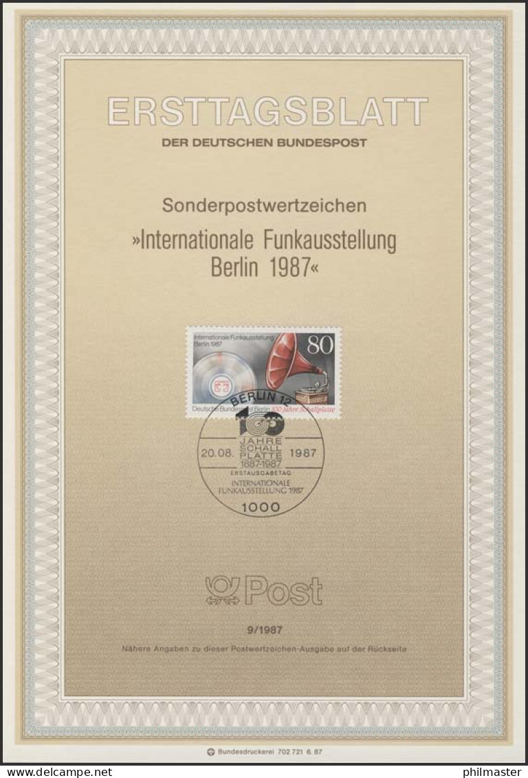 ETB 09/1987 IFA, Grammophon, Schellackplatte, CD - 1. Tag - FDC (Ersttagblätter)