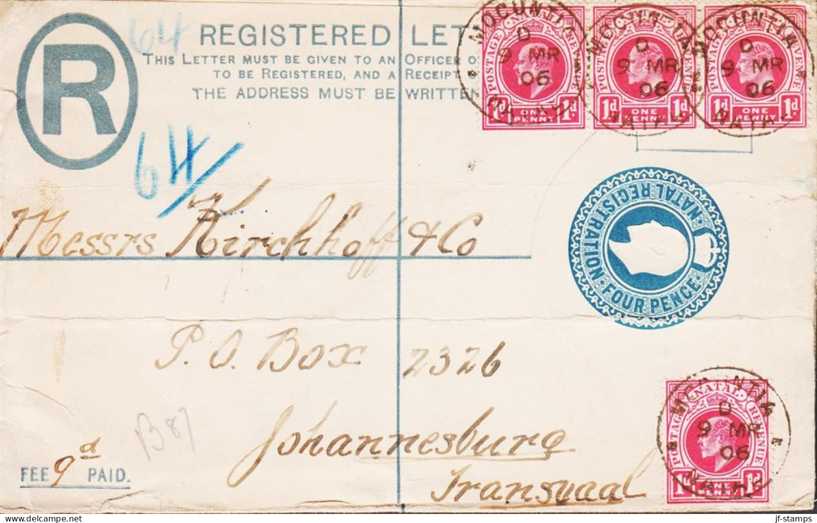 1906. NATAL. Edward VII. 1 D In 3stripe + Single On NATAL REGISTRATION FOUR PENCE REGISTERED LETTER (fold)... - JF545418 - Natal (1857-1909)