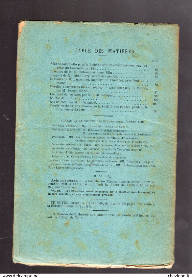 BULLETIN SOCIETE DES ETUDES DU LOT 1894 Concours Litteraire De 1894 Poésies - Midi-Pyrénées