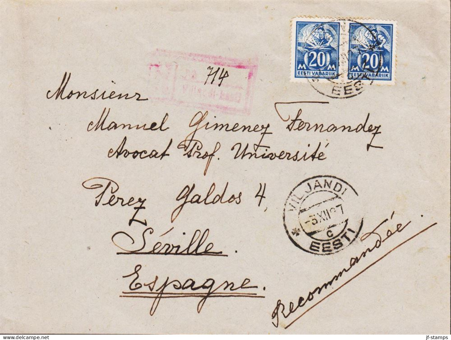 1927. EESTI VABARIIK. WEAVER AND SMITH. 20 Mk. Blue Perf 14½. PAIR On Registered Cover To Sevi... (Michel 59) - JF545423 - Estland