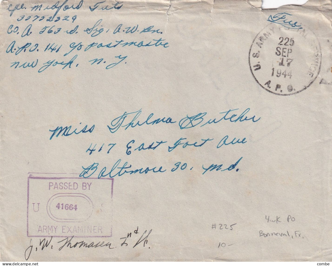 COVER. 17 SEPT 1944. APO 225. THIONVILLE. FRANCE. PASSED BY EXAMINER. TO BALTIMORE - Lettres & Documents