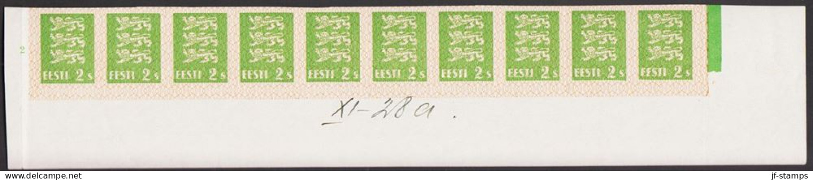 1928 COAT OF ARMS 2S. Green With Netoverprint In 10 Block With Lower Margin (small Tear... (Michel 75  PROOF) - JF545429 - Estonie