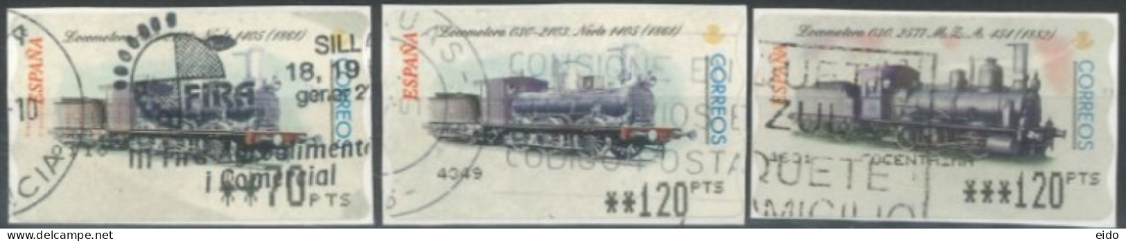 SPAIN- 2001, LOCOMOTIVES STAMPS LABELS SET OF 3, DIFFERENT VALUES, USED. - Gebraucht