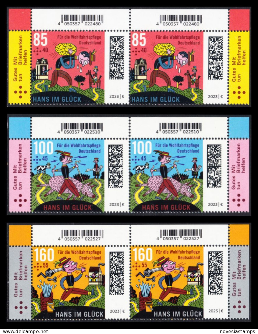 !a! GERMANY 2023 Mi. 3745-3747 MNH SET Of 3 Horiz.PAIRS From Upper Right/left Corners - Grimm Fairytales: Hans Im Glueck - Ungebraucht