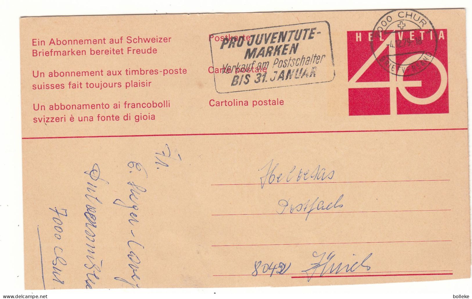 Suisse - Carte Postale De 1979 - Entier Postal - Oblit Chur - Pro Juventute - - Briefe U. Dokumente