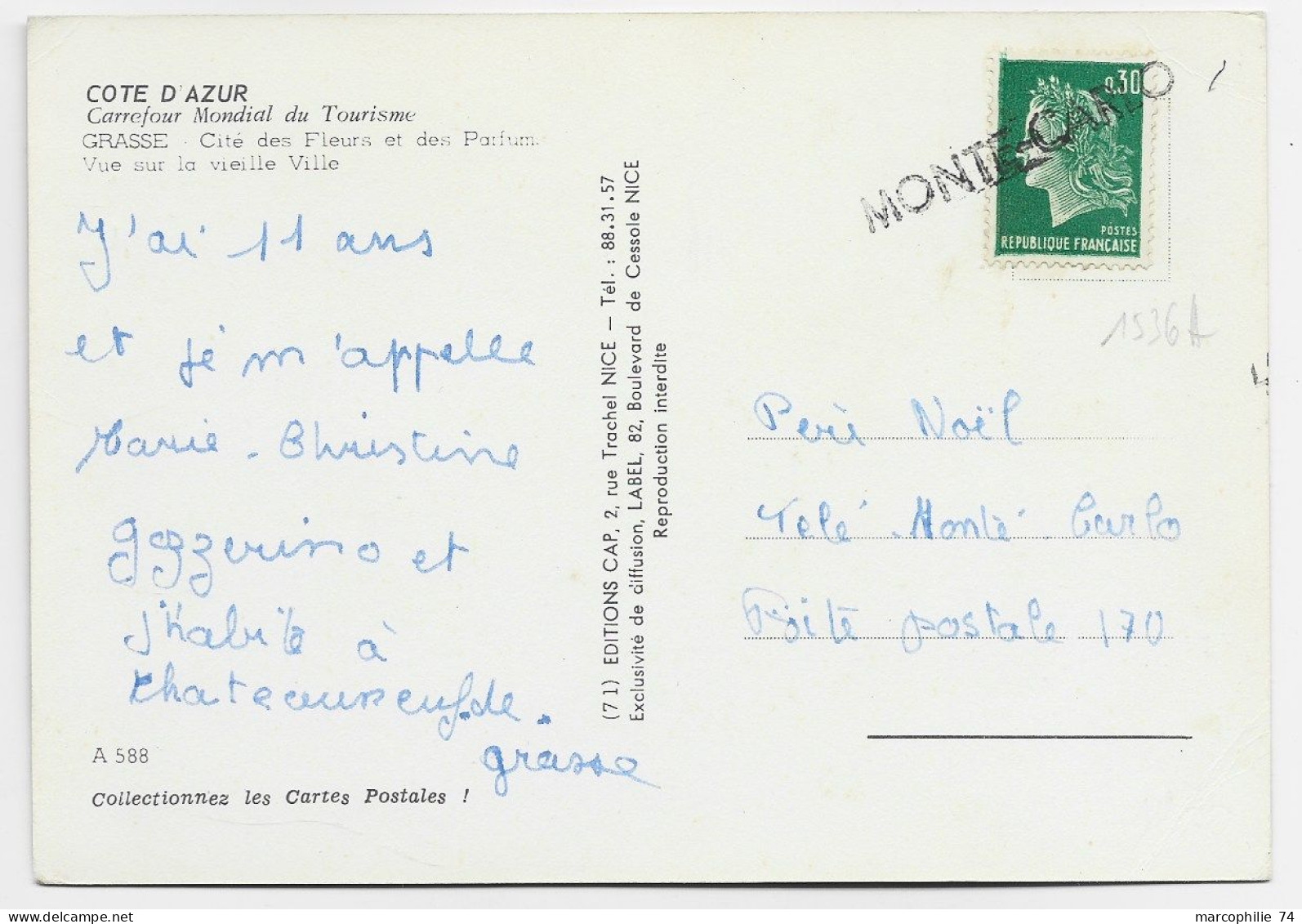 CHEFFER  30C ANNULATION GRIFFE DE MONTE CARLO EN ARRIVEE SUR CARTE DE GRASSE - 1967-1970 Marianne De Cheffer