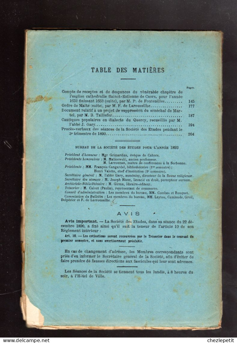 BULLETIN SOCIETE DES ETUDES DU LOT 1893 Saint Etienne De Cahors Dialecte Quercy - Midi-Pyrénées