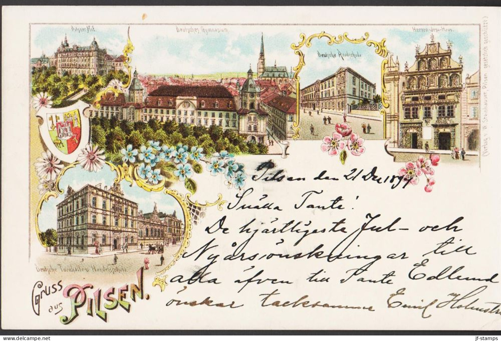 1897. ÖSTERREICH. Beautiful Postkarte (GRUSS AUS PILSEN). With Fine City Motives To Bollnäs, S... (Michel 53) - JF545542 - Cartas & Documentos