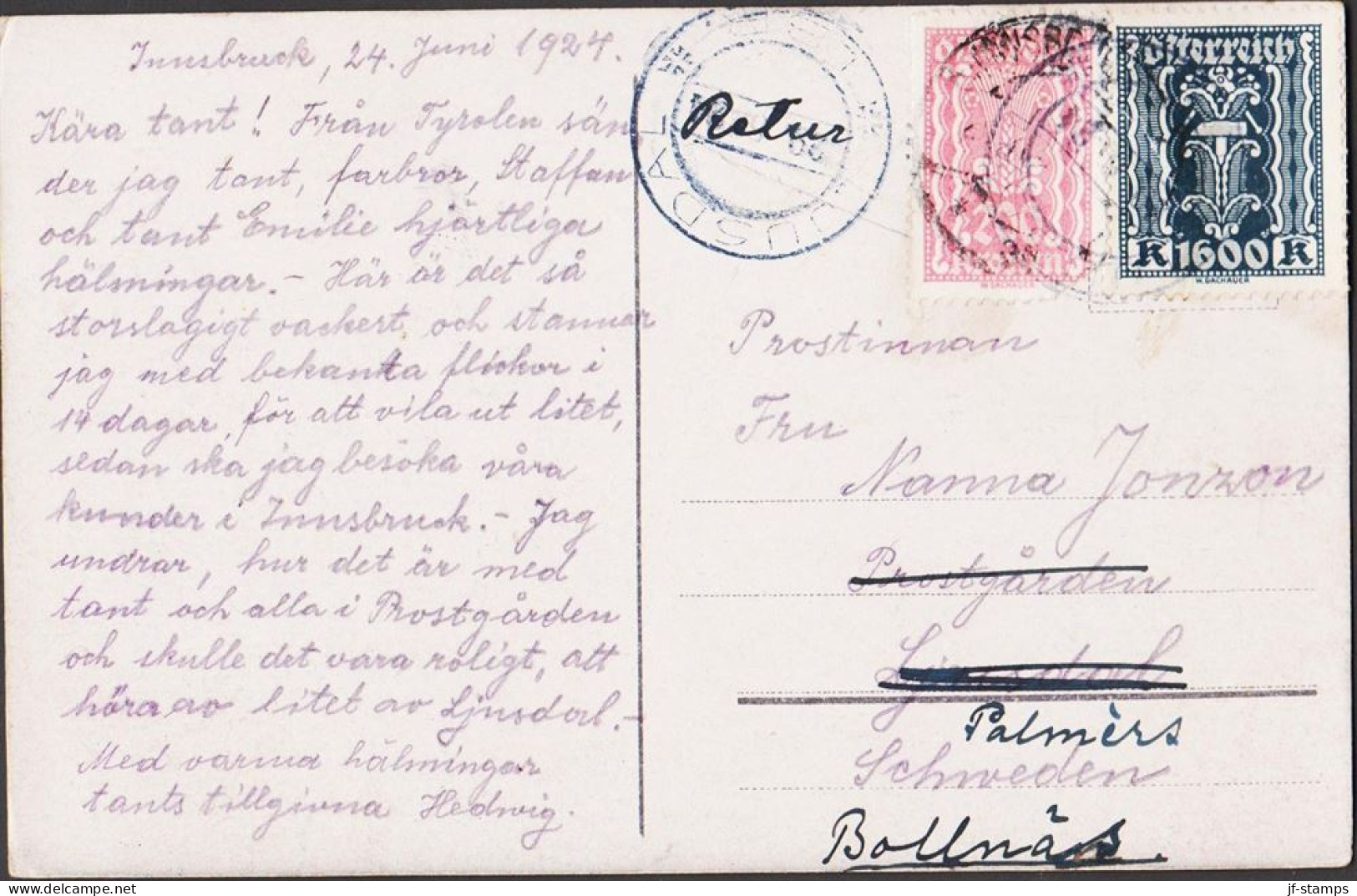 1924. ÖSTERREICH. Postkarte (Innsbruck Gegen Norden). To Sweden With 200 And 1600 KRONEN Dat... (Michel 394+) - JF545543 - Covers & Documents