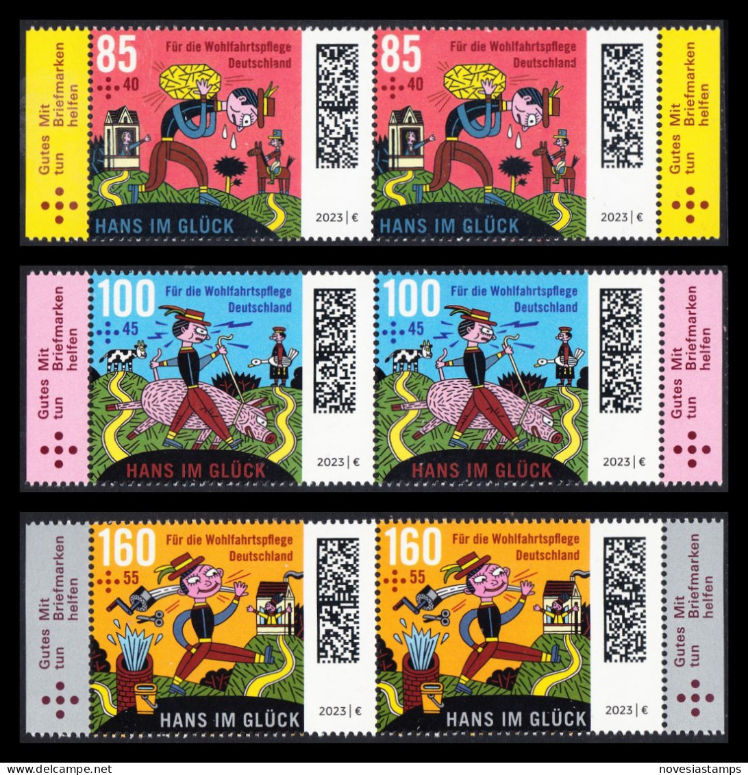 !a! GERMANY 2023 Mi. 3745-3747 MNH SET Of 3 Horiz.PAIRS W/ Right & Left Margins - Grimm Fairytales: Hans Im Glueck - Nuevos