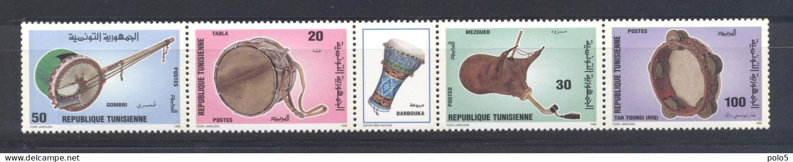 Tunisie 1996- Muscal Instruments /Les Instruments De Musique Strip/bande (4 Timbres & 1 Vignette) - Tunisia