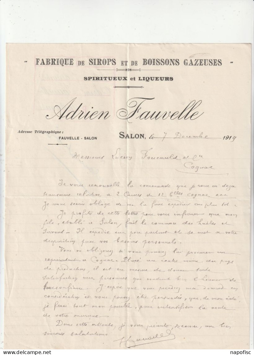 13-A.Fauvelle...Fabrique De Sirops & De Boissons Gazeuses...Salon-de-Provence...(Bouches-du-Rhône)...1919 - Other & Unclassified