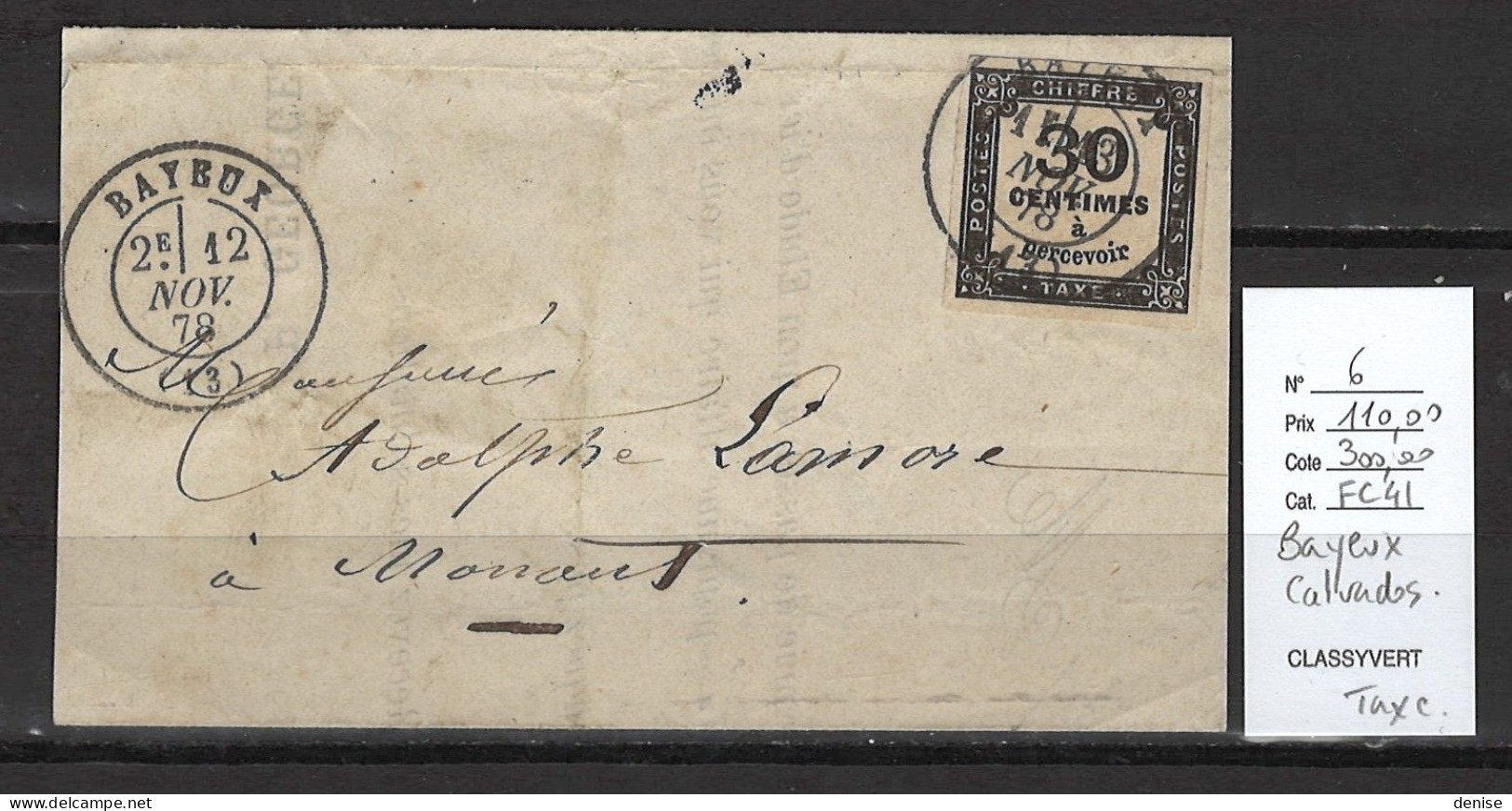 France -Taxe Yvert 6 - 30 Centimes - BAYEUX - Calvados - 1878 - 1859-1959 Lettres & Documents