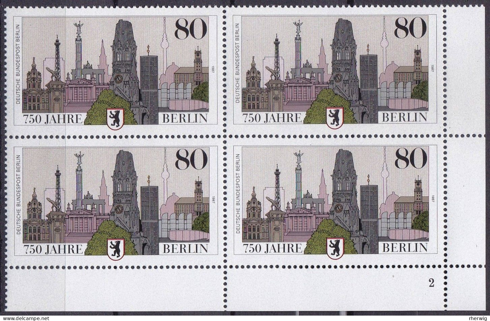 Berlin, 1987 Nr. 776 ** Viererblock Mit Eckrand Unten Rechts, Formnr. 2, "750 Jahre Berlin" - Unused Stamps