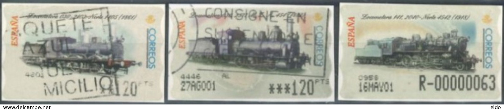 SPAIN- 2001, LOCOMOTIVES STAMPS LABELS SET OF 3, DIFFERENT VALUES, USED. - Gebraucht