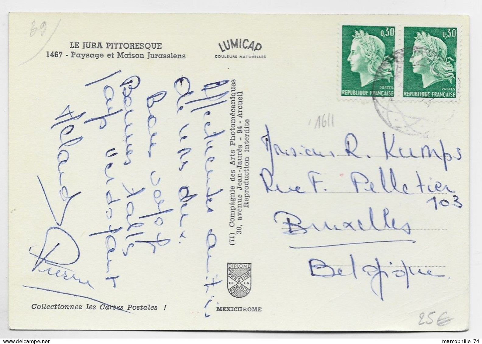 CHEFFER  30C VERT PAIRE CARTE DU JURA ANNULATION DIAMANT BELGE EN ARRIVEE 1974 - 1967-1970 Marianne De Cheffer