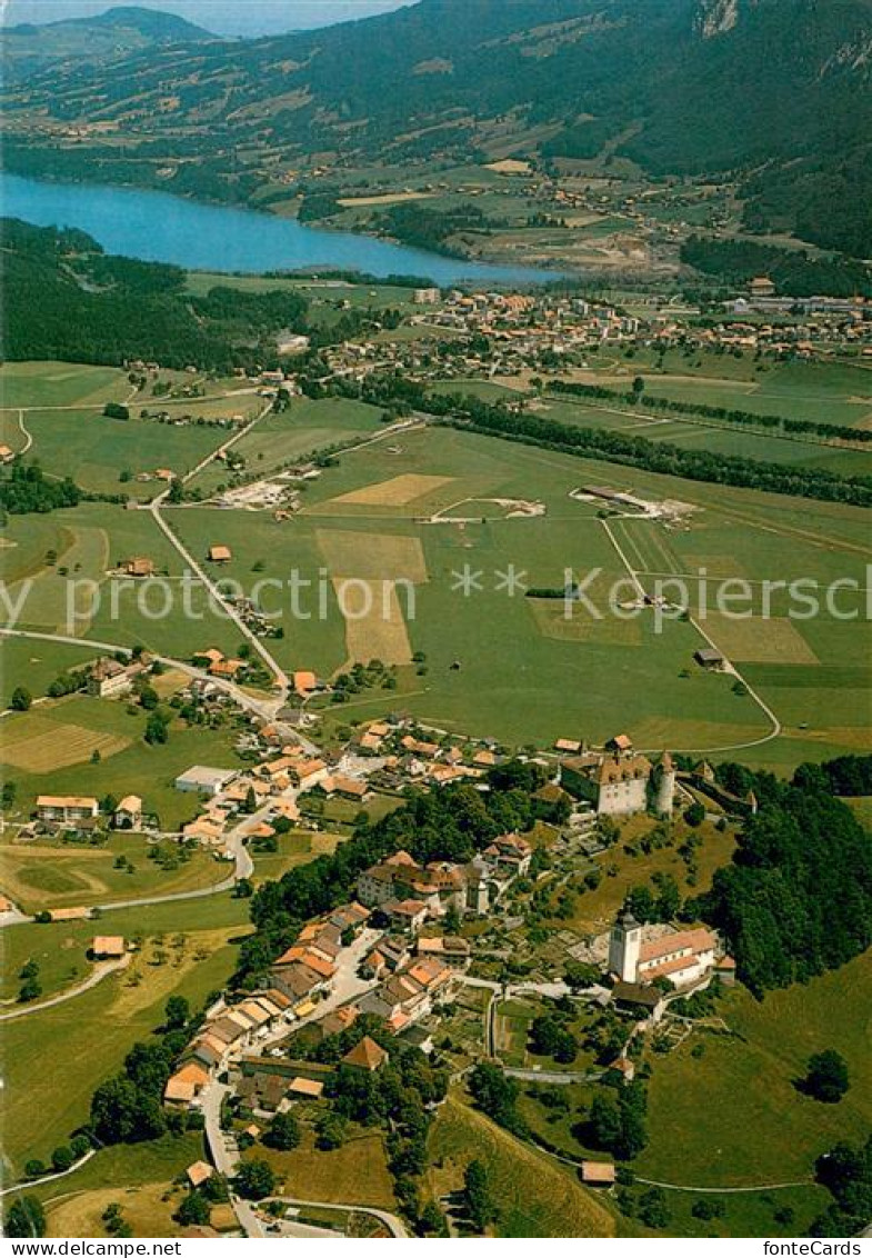 13644830 Gruyeres FR Au Fond Broc Et Lac De La Gruyere Vue Aérienne Gruyeres FR - Autres & Non Classés