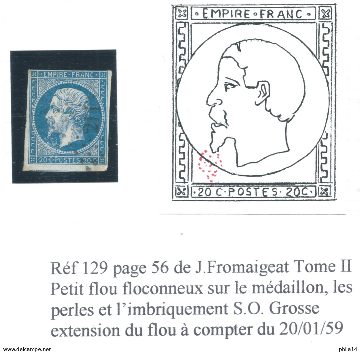 N°14 20c BLEU NAPOLEON T1 PLANCHAGE 129G2 ETAT 3 SUARNET 10  / VARIETE PETIT FLOU FLOCONNEUX DANS LE MEDAILLON - 1853-1860 Napoleone III