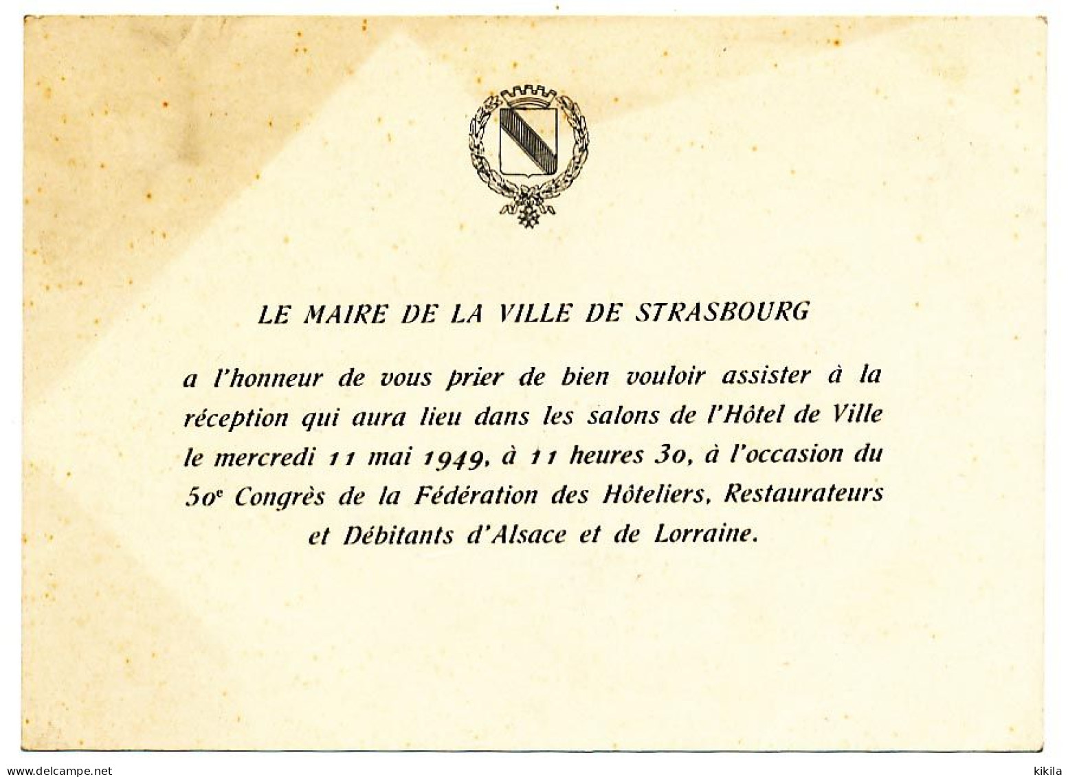 Carton 14.5 X 10.5 Bas Rhin  STRASBOURG  10, 11 Et 12 Mai 1949 50ème Congrès De La Fédération Des Hôteliers, * - Strasbourg