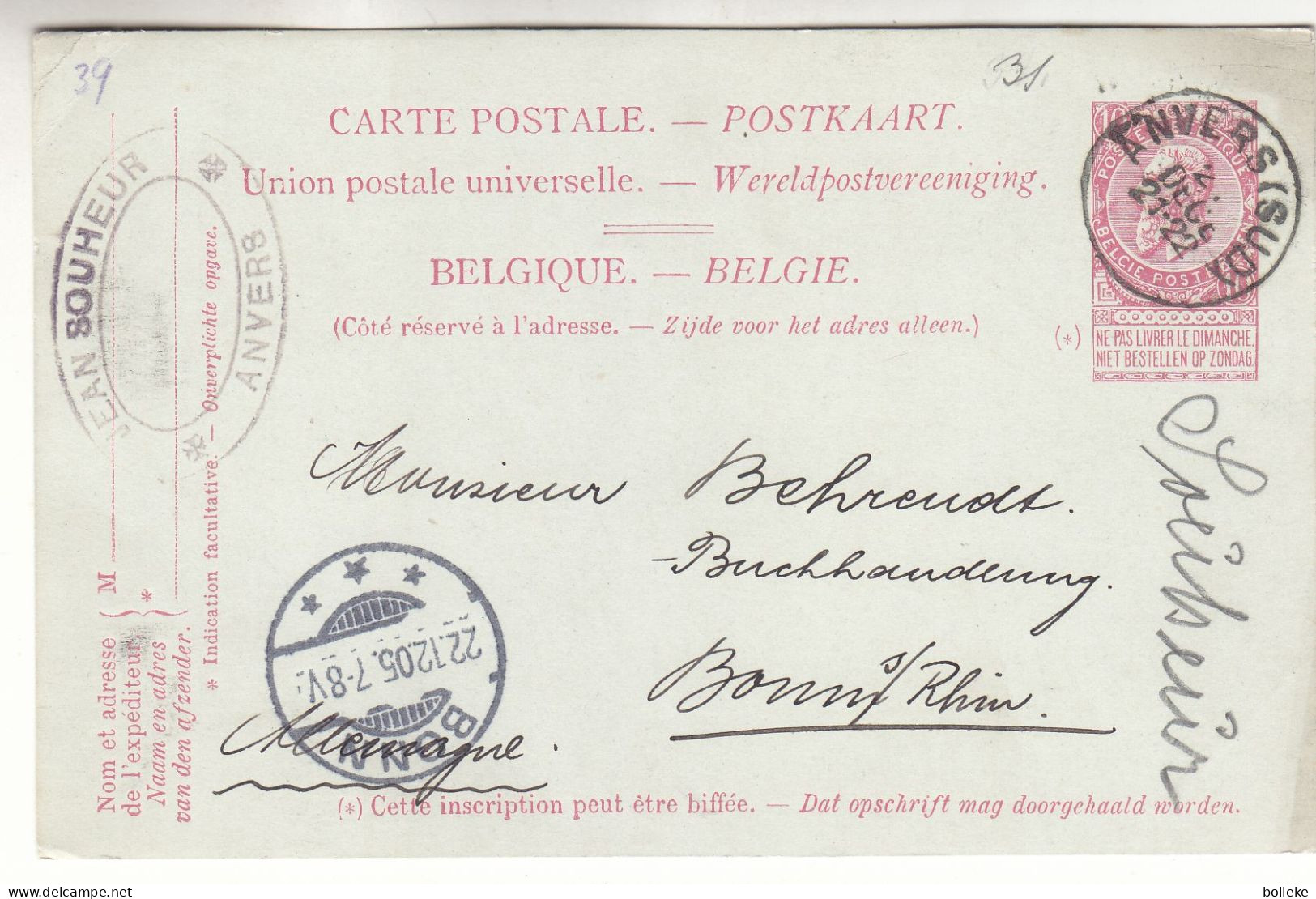 Belgique - Carte Postale De 1905 - Entier Postal - Fine Barbe - Oblit Anvers Sud - Exp Vers Bonn - - 1893-1900 Fine Barbe