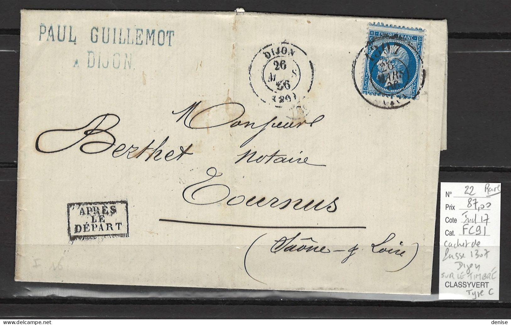 France - Cachet De Passe - 1307 - DIJON - SUR LE TIMBRE - 1866 - - Poste Ferroviaire