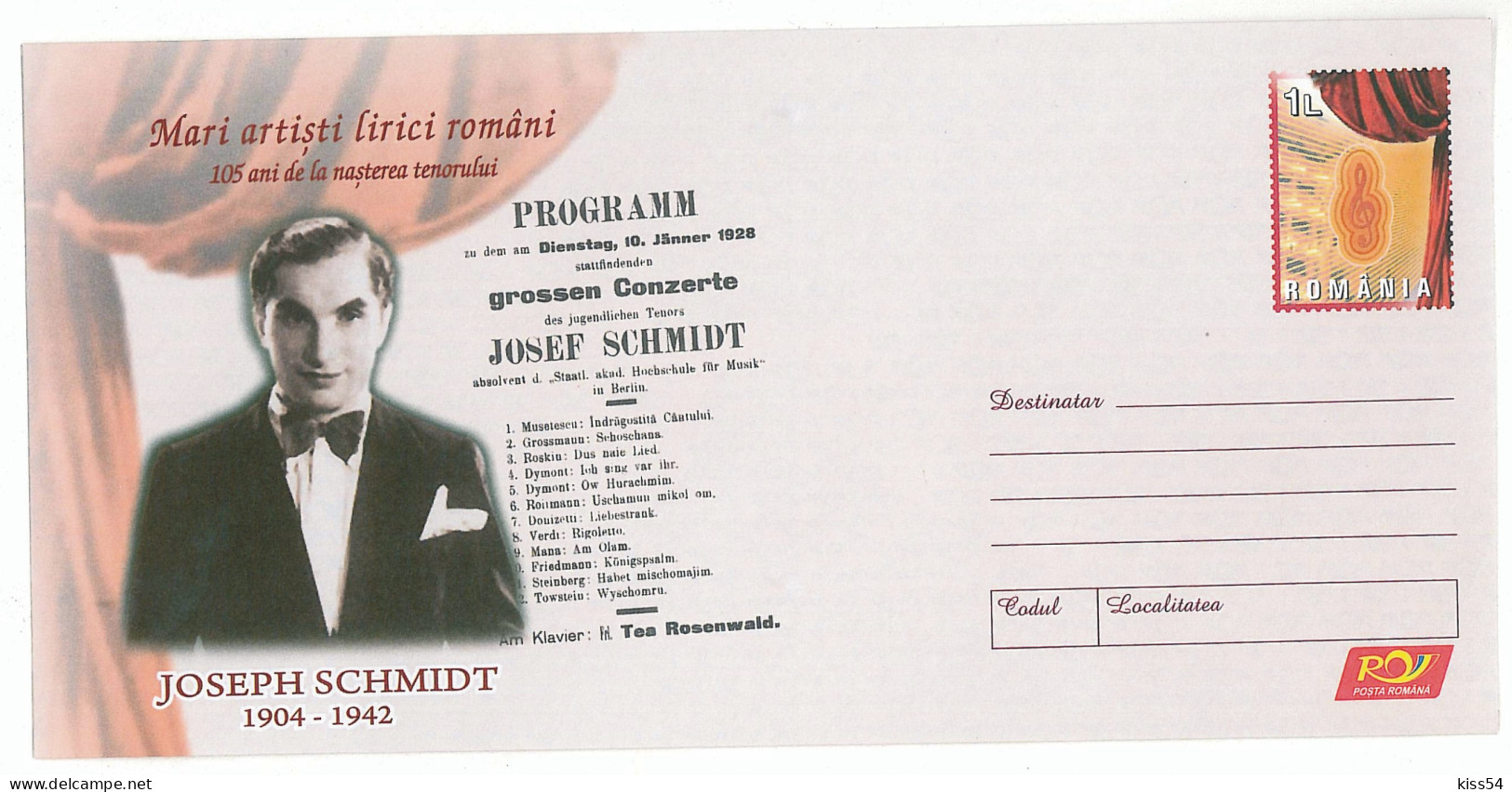 IP 2009 - 58 JOSEPH SCHMIDT, Singer In The Chorus Of Synagogues, Romania - Stationery - Unused - 2009 - Interi Postali