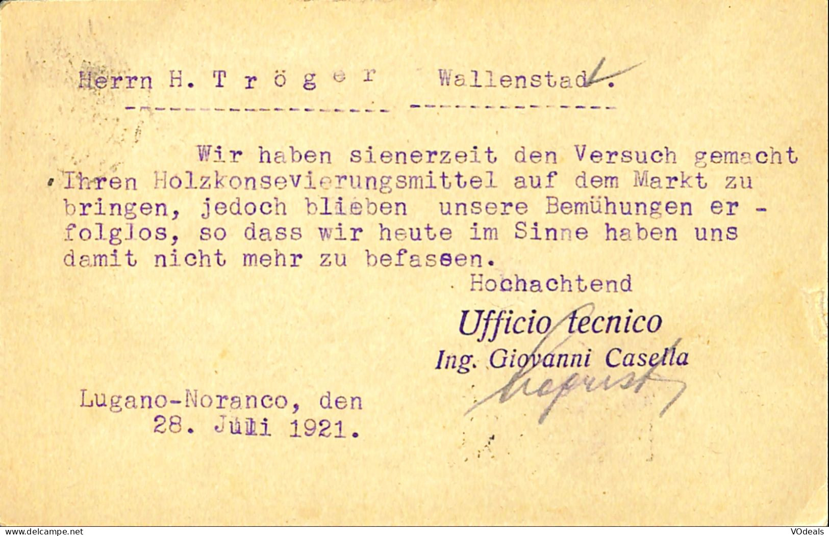 Italie - Carte Postale - Entier Postal -  Poste Italiane - Lugano-Wallenstad- 1921 - Ohne Zuordnung