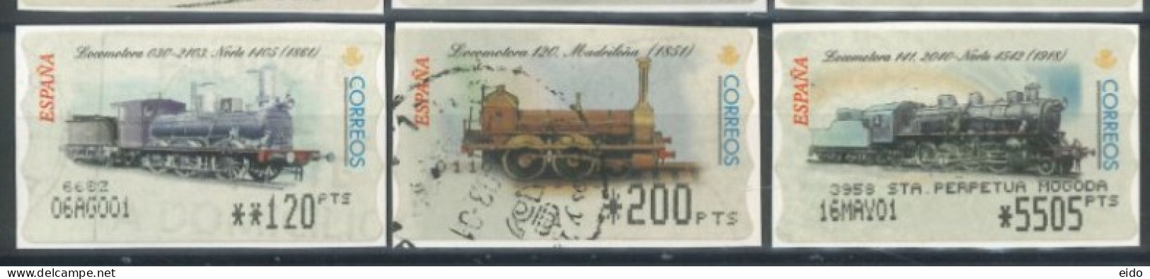 SPAIN- 2001, LOCOMOTIVES STAMPS LABELS SET OF 3, DIFFERENT VALUES, USED. - Gebruikt