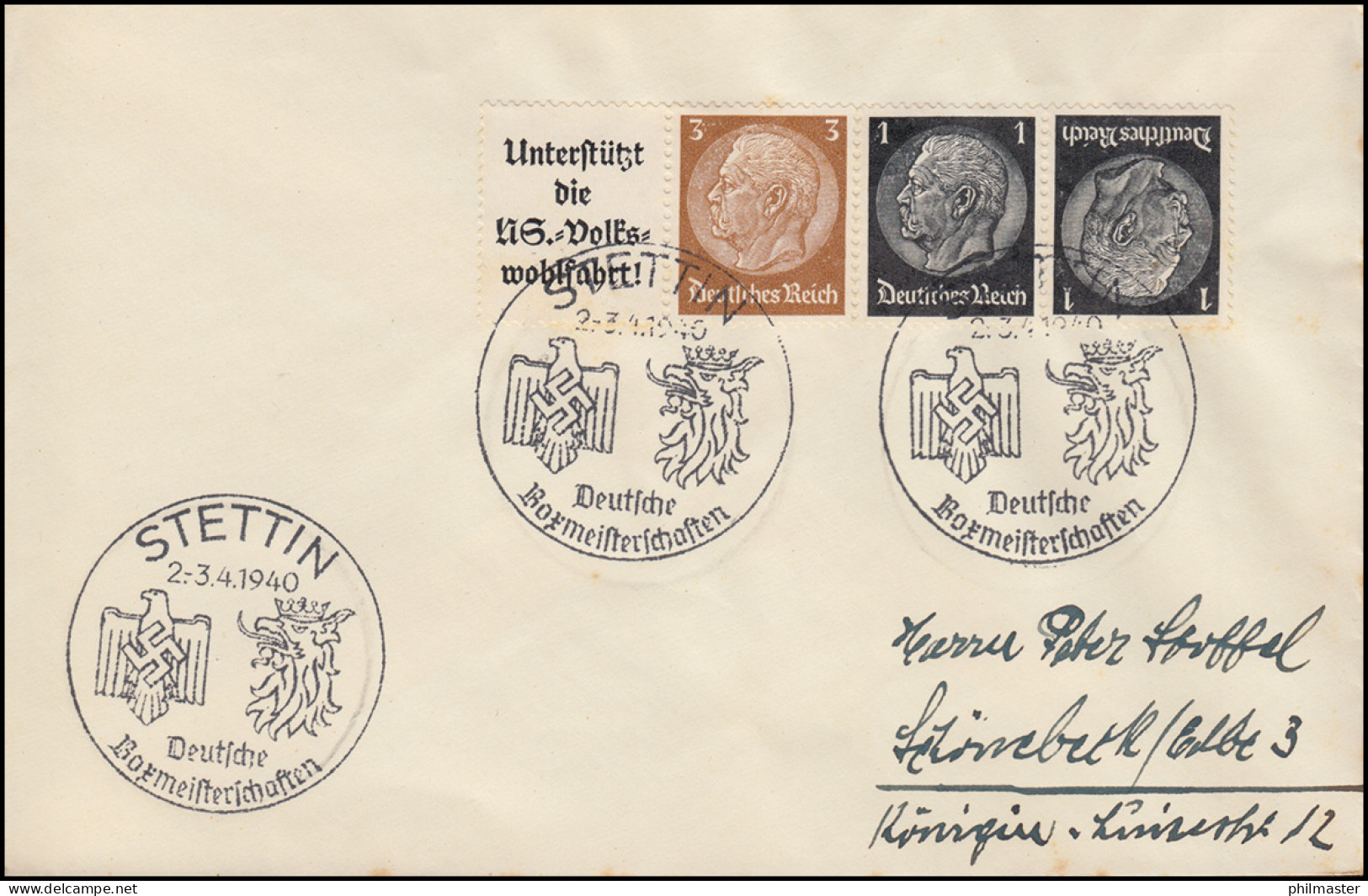 ZD Aus EG-Streifen W 75 Mit K 4 Als 4er-Streifen Brief SSt STETTIN Boxen 1940 - Se-Tenant