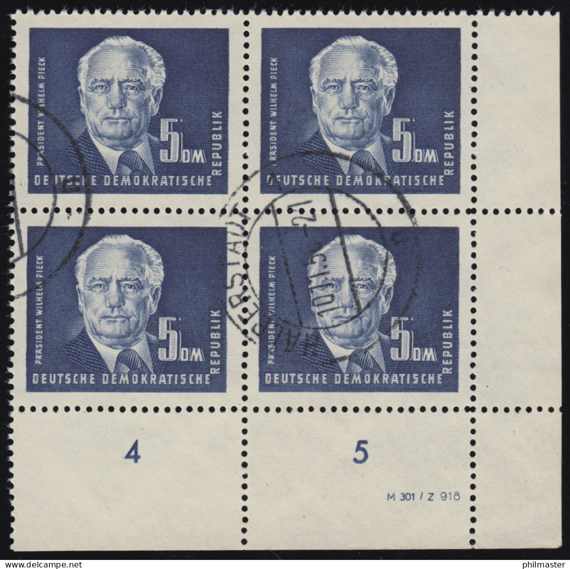 255DV Pieck 5 DM Eckrand-Viererblock Unten Rechts Mit DV, HALBERSTADT 10.11.55 - Used Stamps