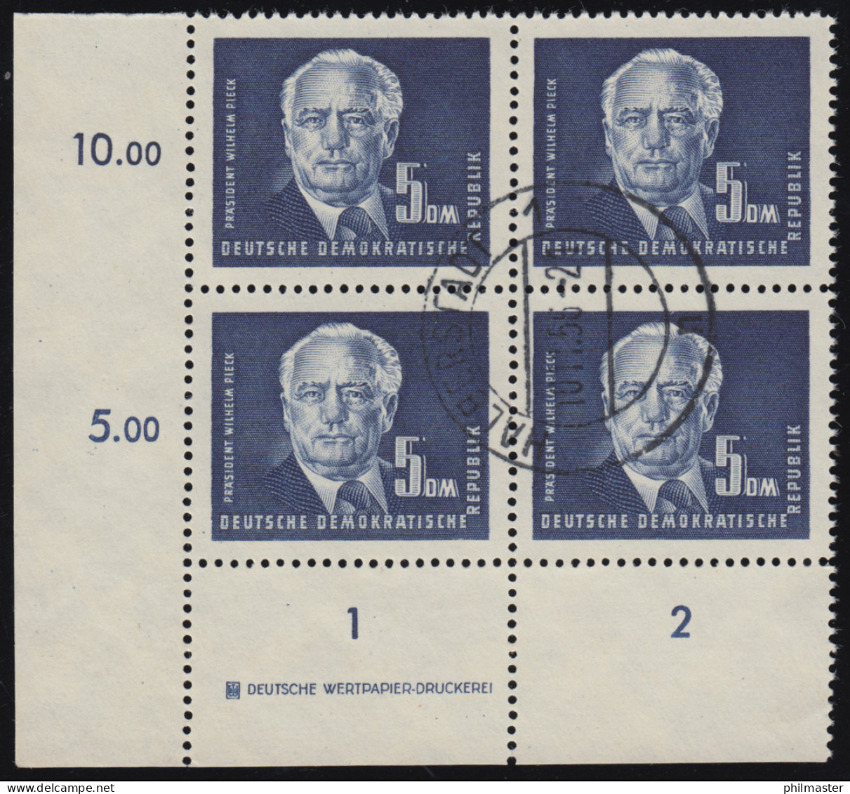 255DZ Pieck 5 DM Eckrand-Viererblock Unten Links Mit DZ, HALBERSTADT 10.11.55 - Used Stamps