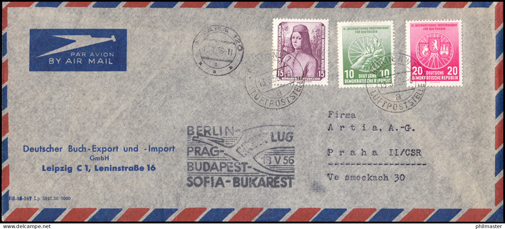 Erstflug Lufthansa Der DDR Berlin-Sofia-Bukarest 13.5.1956 Mit 506 Gemälde 15 Pf - Airmail